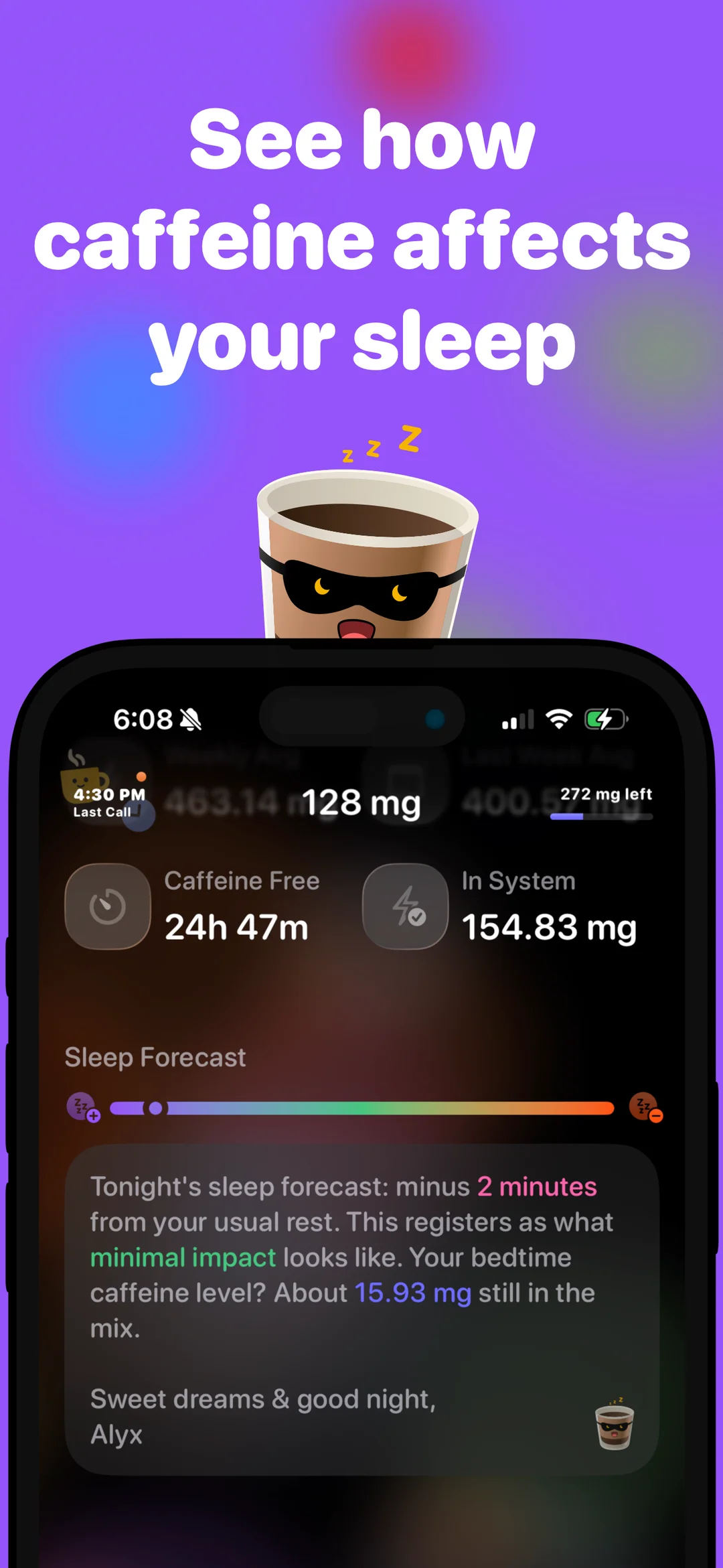 Caffeine Tracker: Alyx App Store screenshot 3 of 3 — Health & Fitness app by Day Well Spent LLC